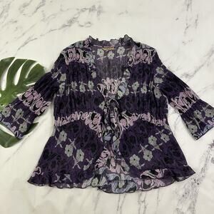 Notations Womens Vintage Y2k Crinkle Top Plus Size 1x Purple Floral Ruffles Open